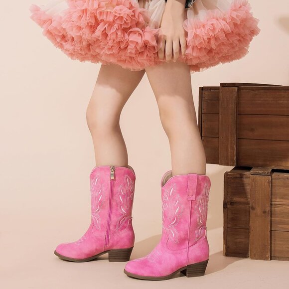 Kids Pink Pointed Toe Side Zipper Classic Embroidered Horse Riding Shoes - Picture 7 of 7